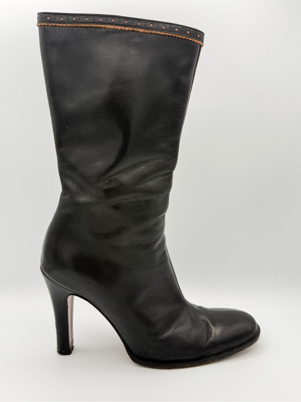 J. Crew Black Leather Mid Calf Leather Boot High Heel Classic Y2K  7.5